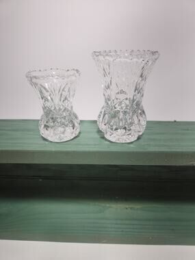 Vintage Clear Pressed Glass Bud Vases Set of 2 Scalloped Rim Diamond Starburst